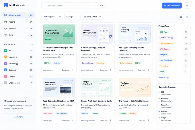 Interface showing how to organize links on social bookmarking sites using relevant tags and categories